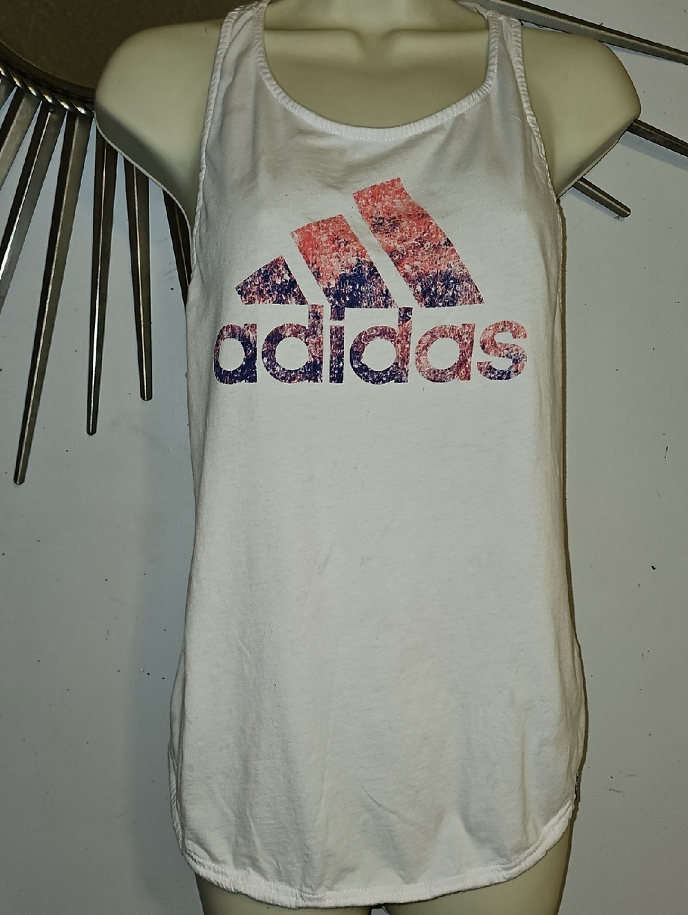 adidas White Tank with Pink and Purple Ombre Logo Very Nice T Shirt Medium